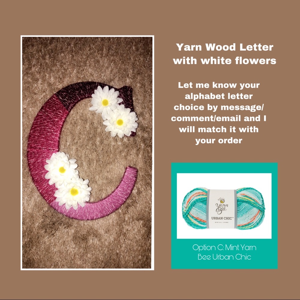 Yarn wood letter w/ white plastic flower